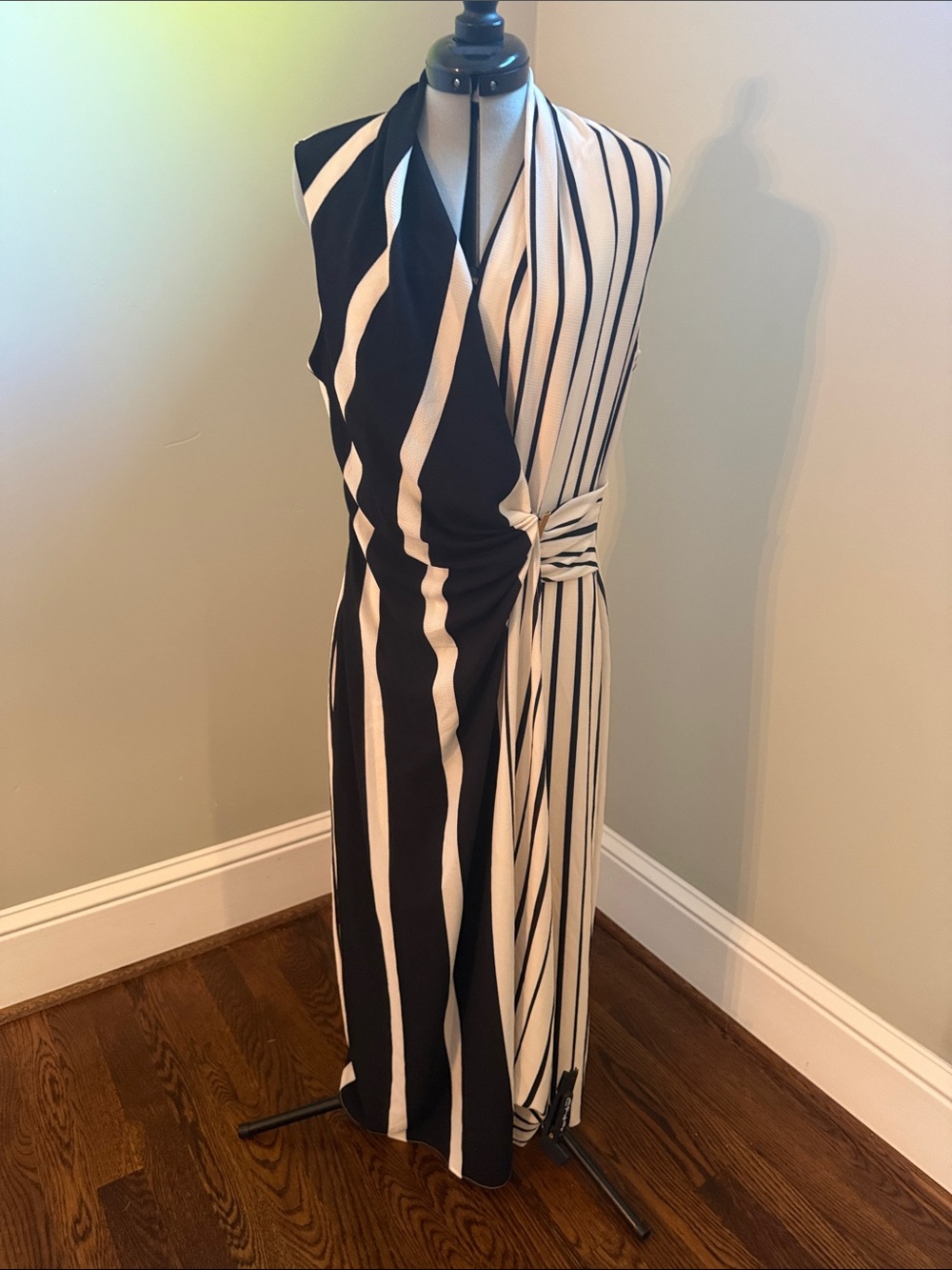 Sleeveless Black & White Striped Wrap Midi Dress